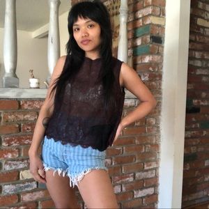 Vintage 1990s Goth Sheer Floral Lace Side Bow Back Buttoned Sleeveless Blouse